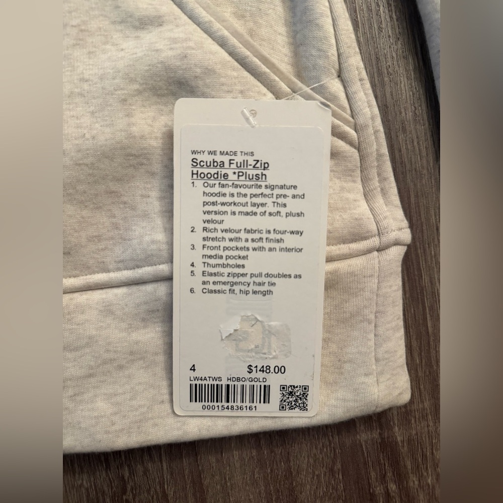 Lululemon Scuba full zip hoodie plush. Heathered Bone with gold zipper. Size 4. - Picture 14 of 16